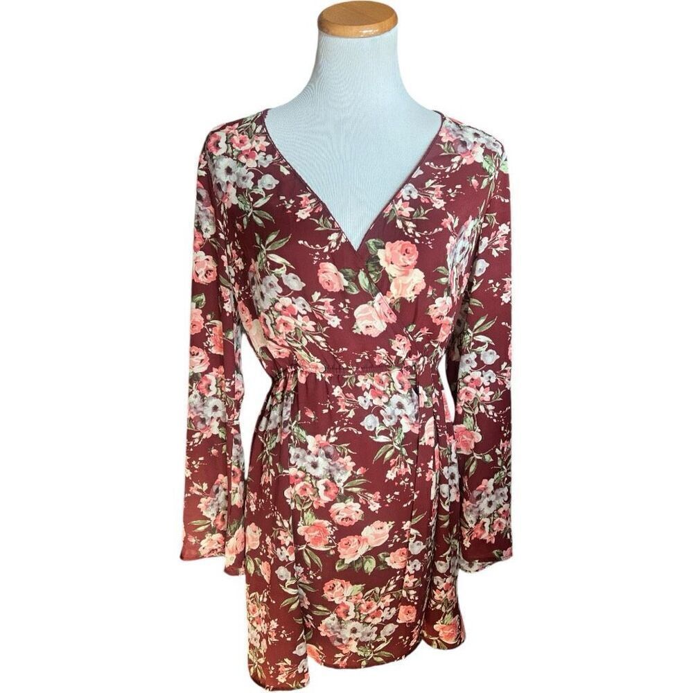 Womens Xhiration Stunning Floral Print Faux Wrap Bell Sleeve Dress - Sz L